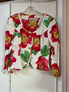 bill blass White Jacket with Bold Red Floral Print and Green Leaves